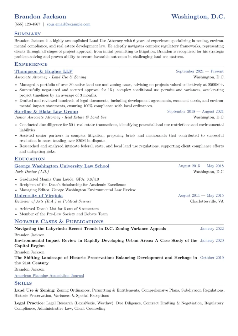 Land Use Attorney Resume Example CV template preview