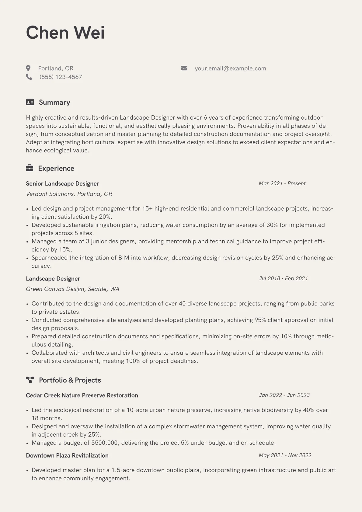 Landscape Designer Resume Example CV template - Page 1