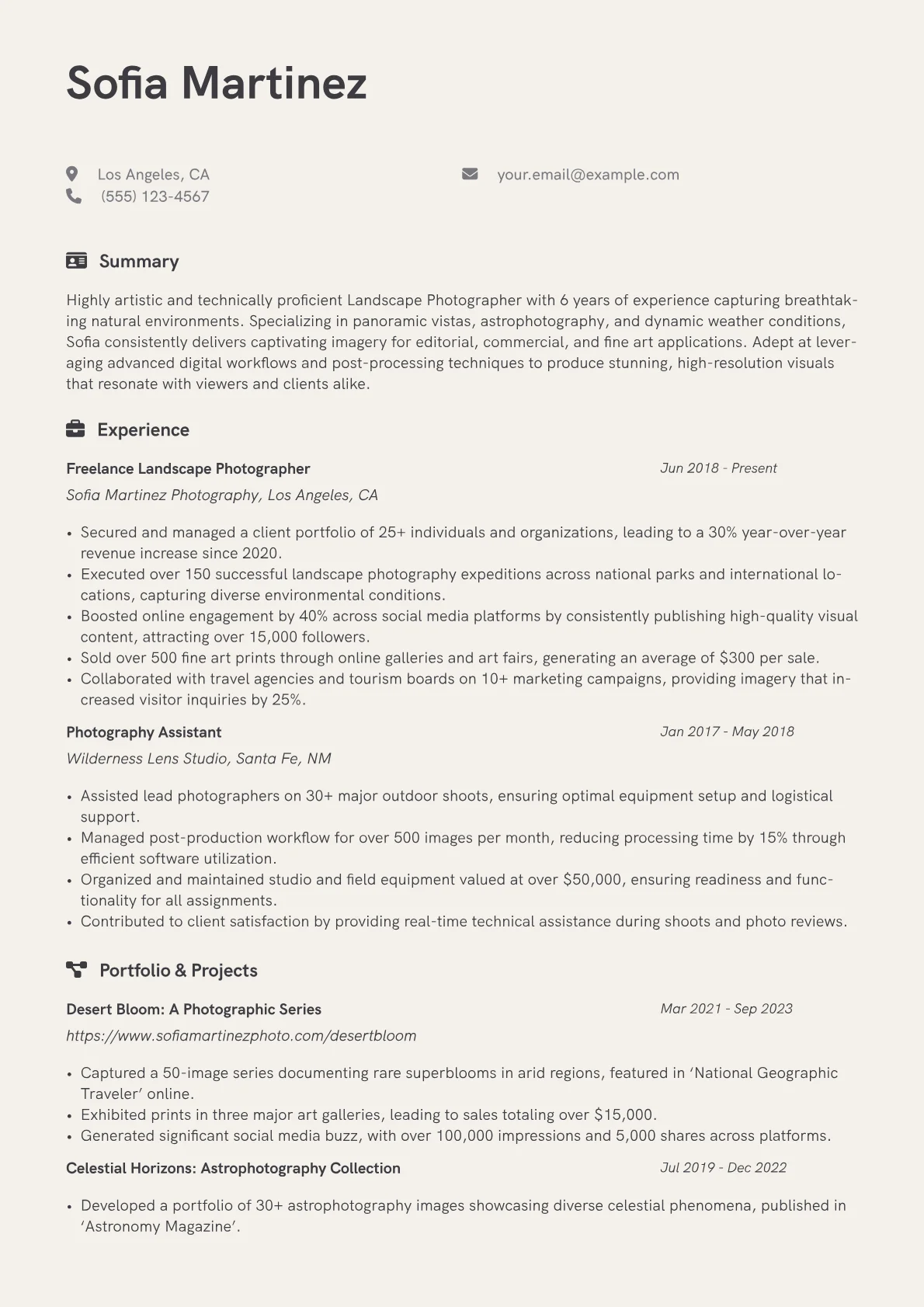 Landscape Photographer Resume Example CV template - Page 1