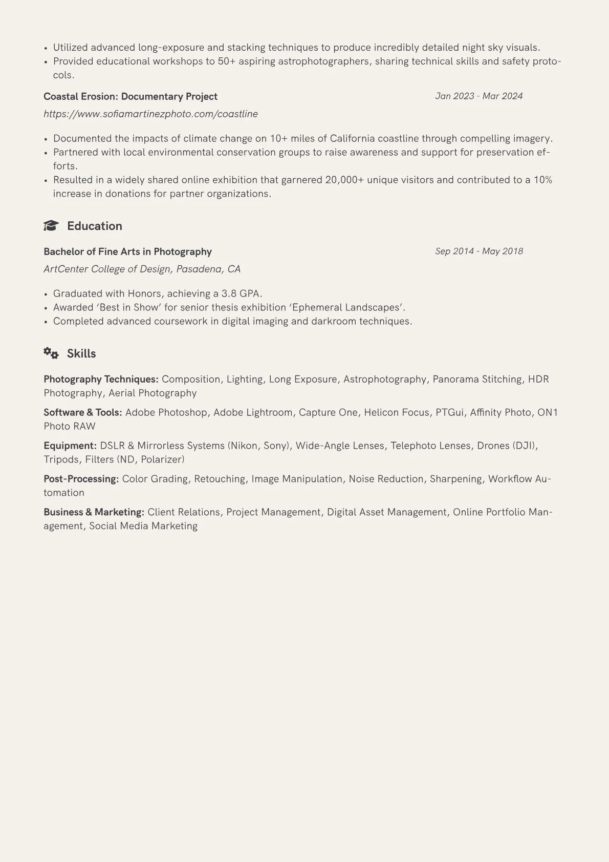 Landscape Photographer Resume Example CV template - Page 2