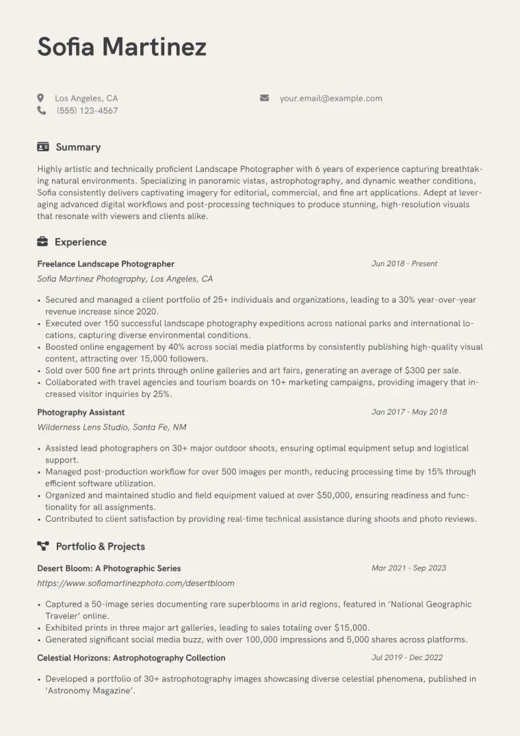 Landscape Photographer Resume Example CV template preview