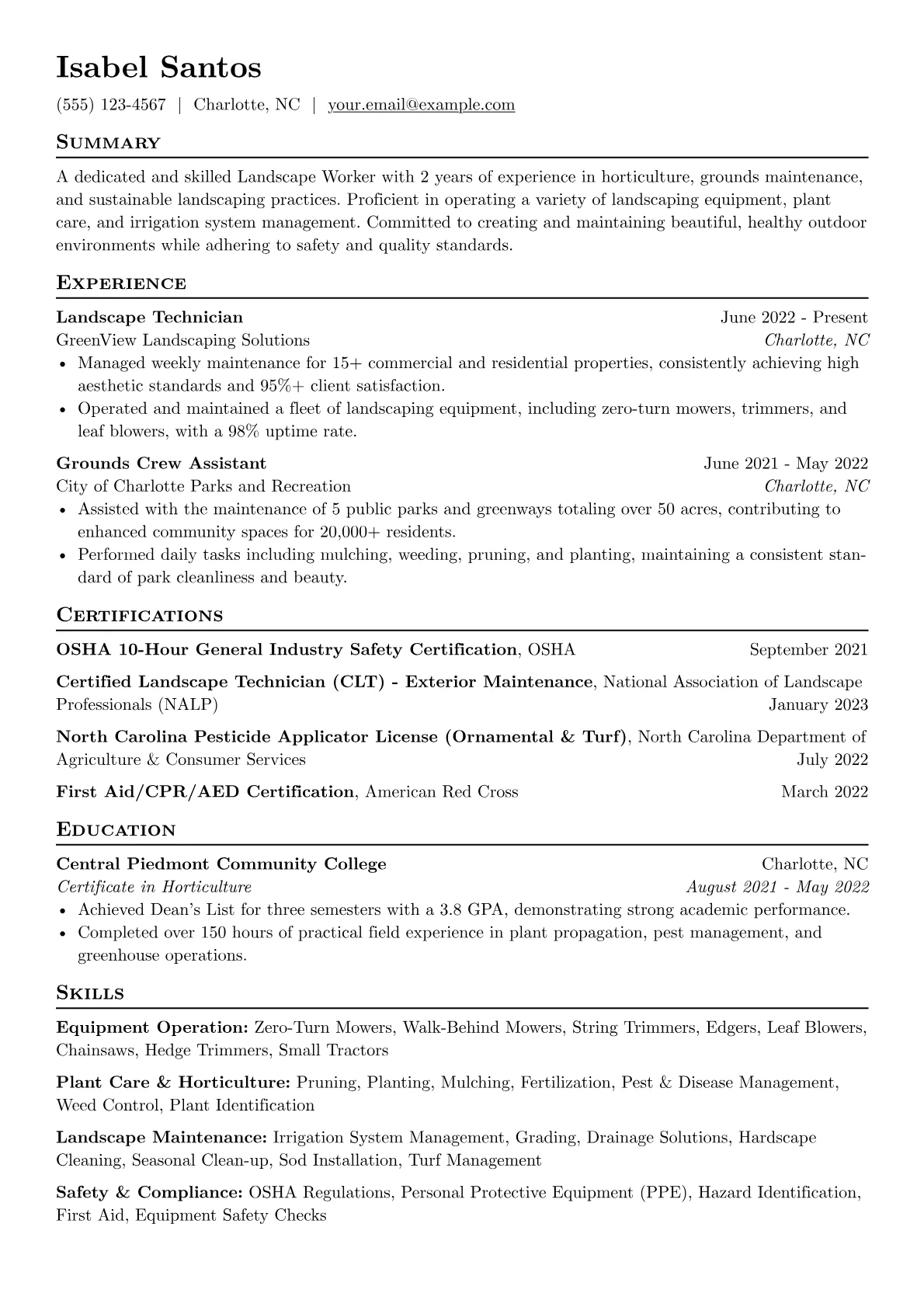 Landscape Worker Resume Example CV template - Page 1