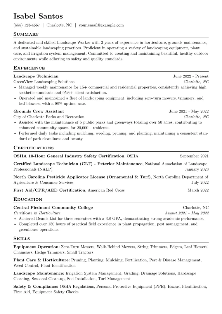 Landscape Worker Resume Example CV template preview