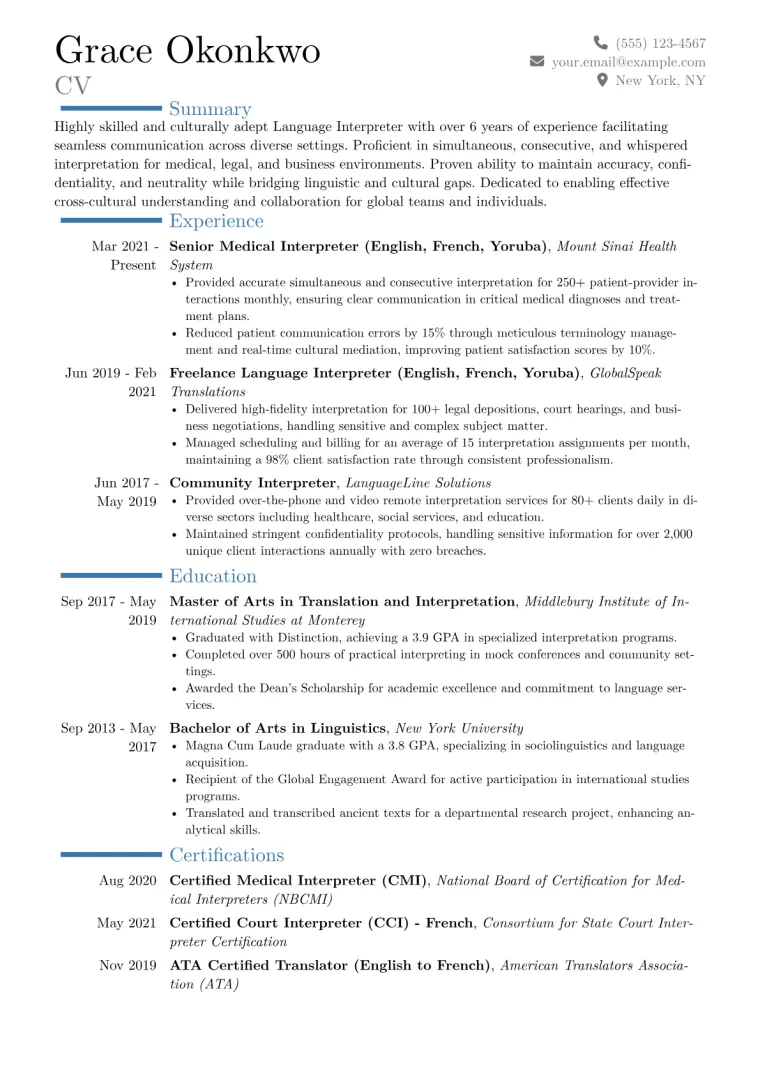 Language Interpreter Resume Example CV template preview