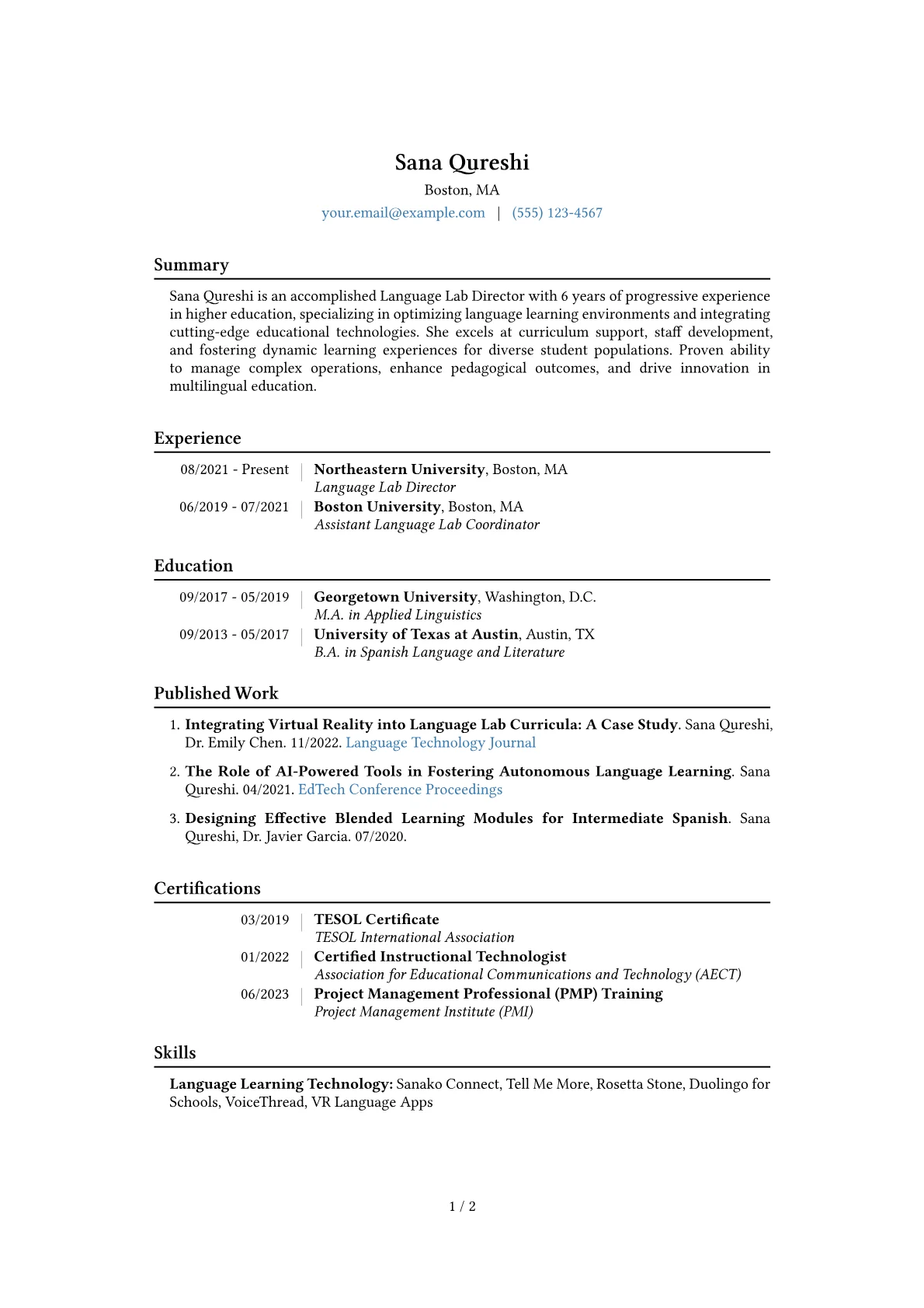 Language Lab Director Resume Example CV template - Page 1