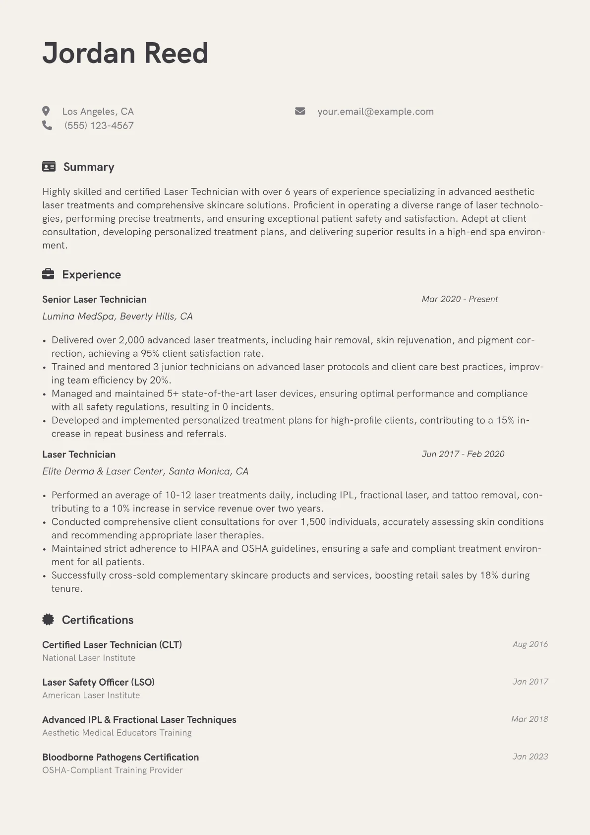 Laser Technician Resume Example CV template - Page 1