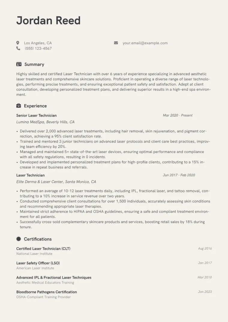 Laser Technician Resume Example CV template preview