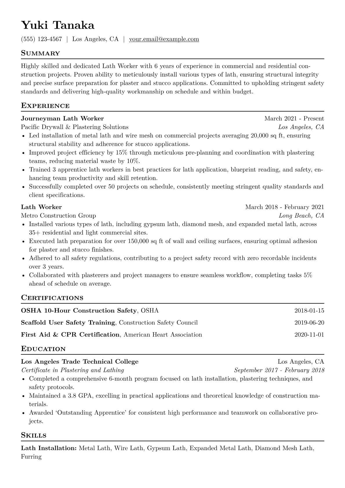 Lath Worker Resume Example CV template - Page 1