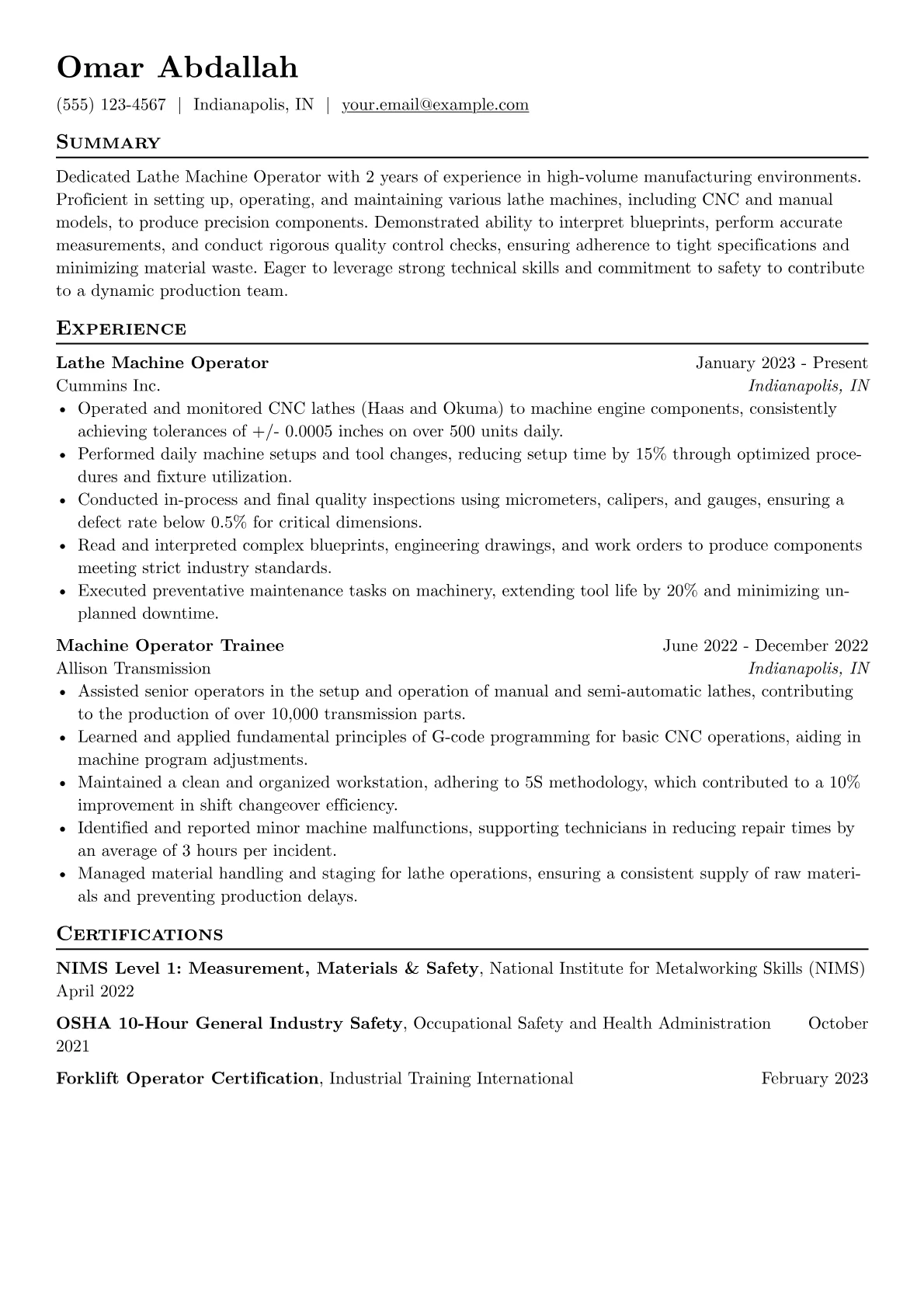 Lathe Machine Operator Resume Example CV template - Page 1