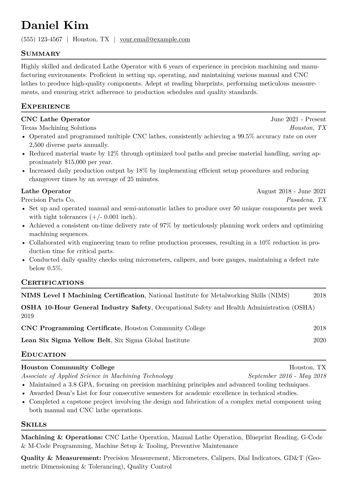 Lathe Operator Resume Example CV template - Page 1