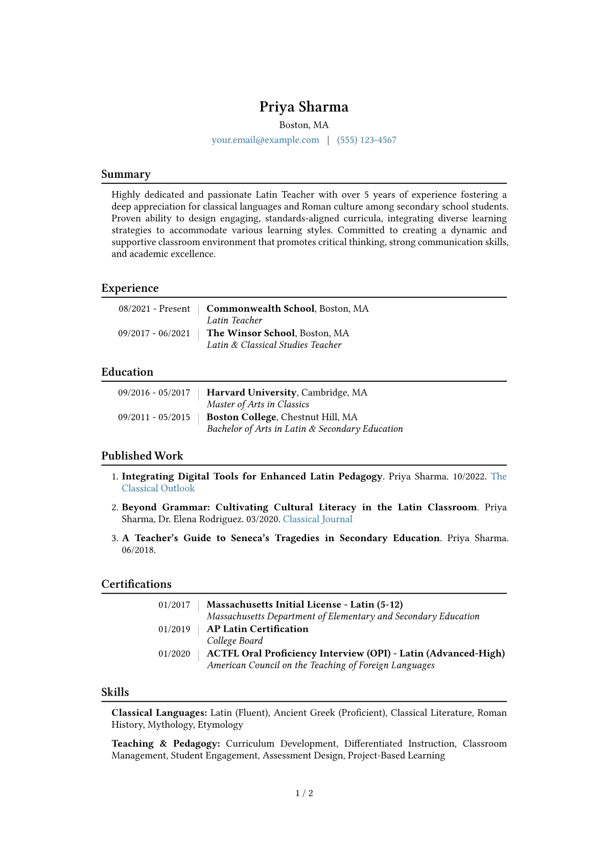 Latin Teacher Resume Example CV template - Page 1
