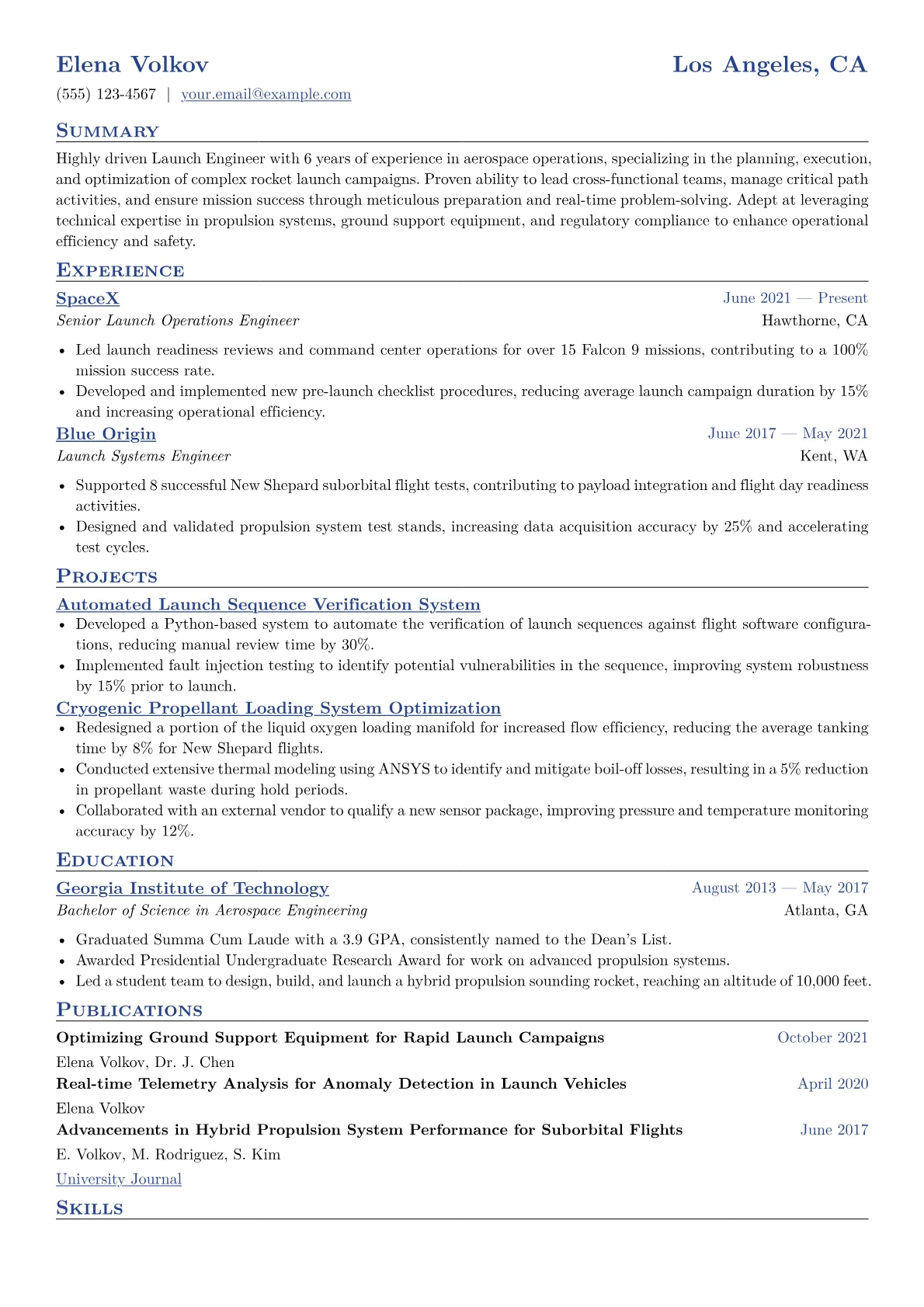 Launch Engineer Resume Example CV template - Page 1