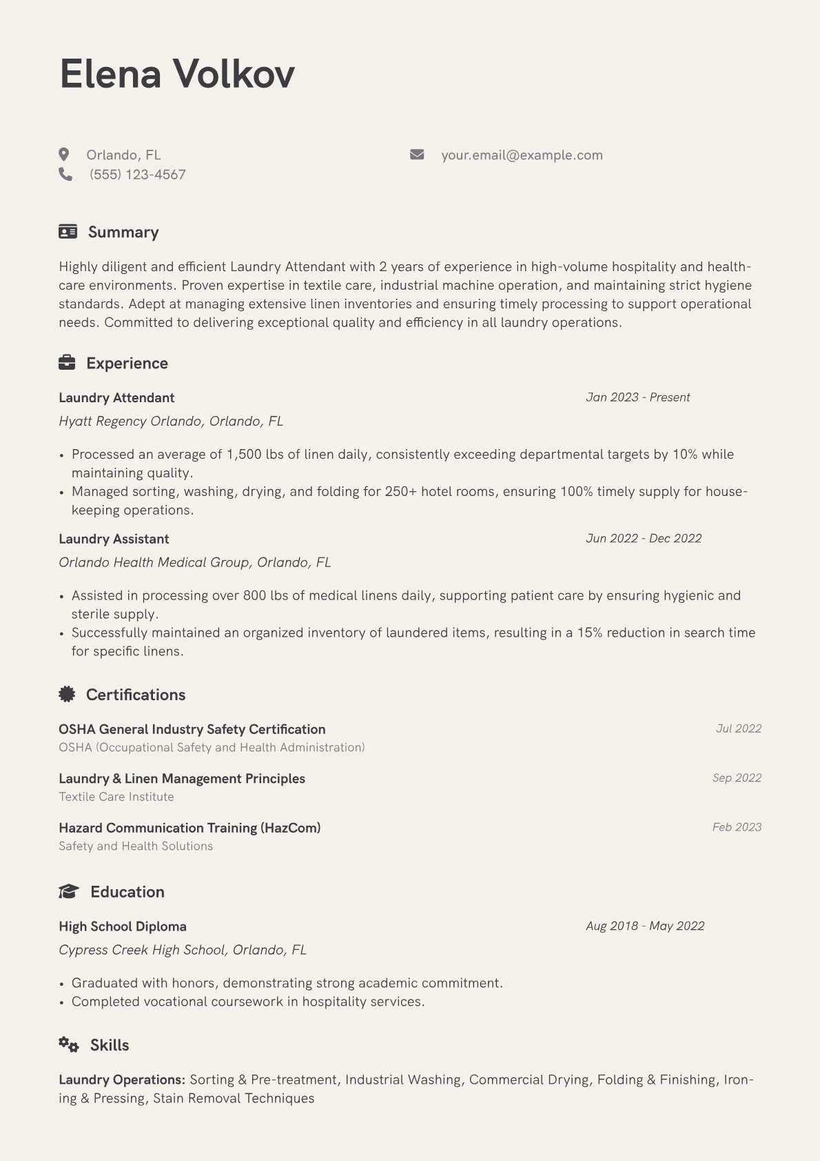 Laundry Attendant Resume Example CV template - Page 1