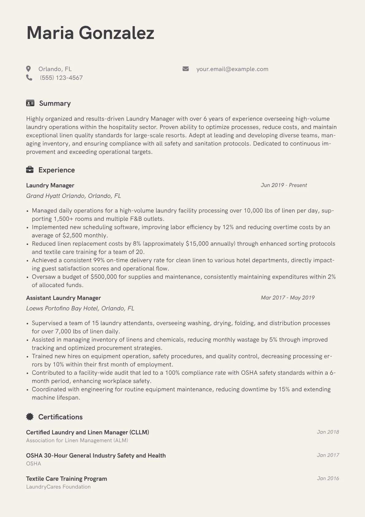 Laundry Manager Resume Example CV template - Page 1