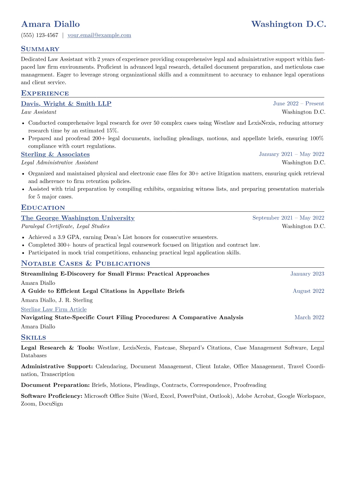 Law Assistant Resume Example CV template - Page 1