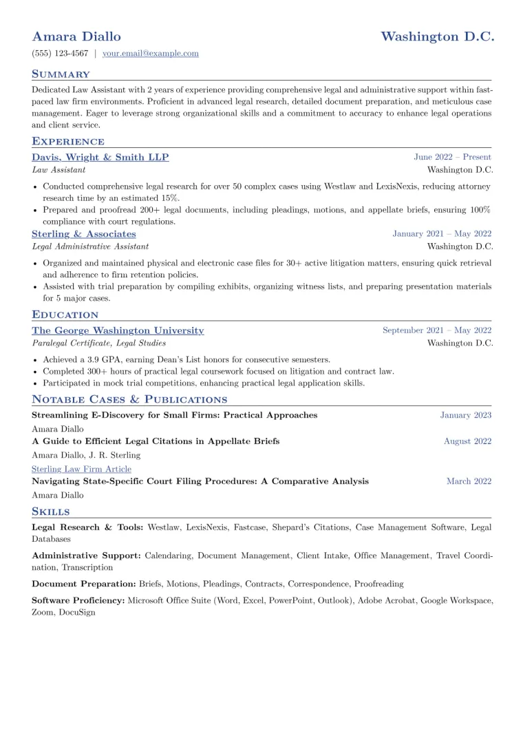Law Assistant Resume Example CV template preview
