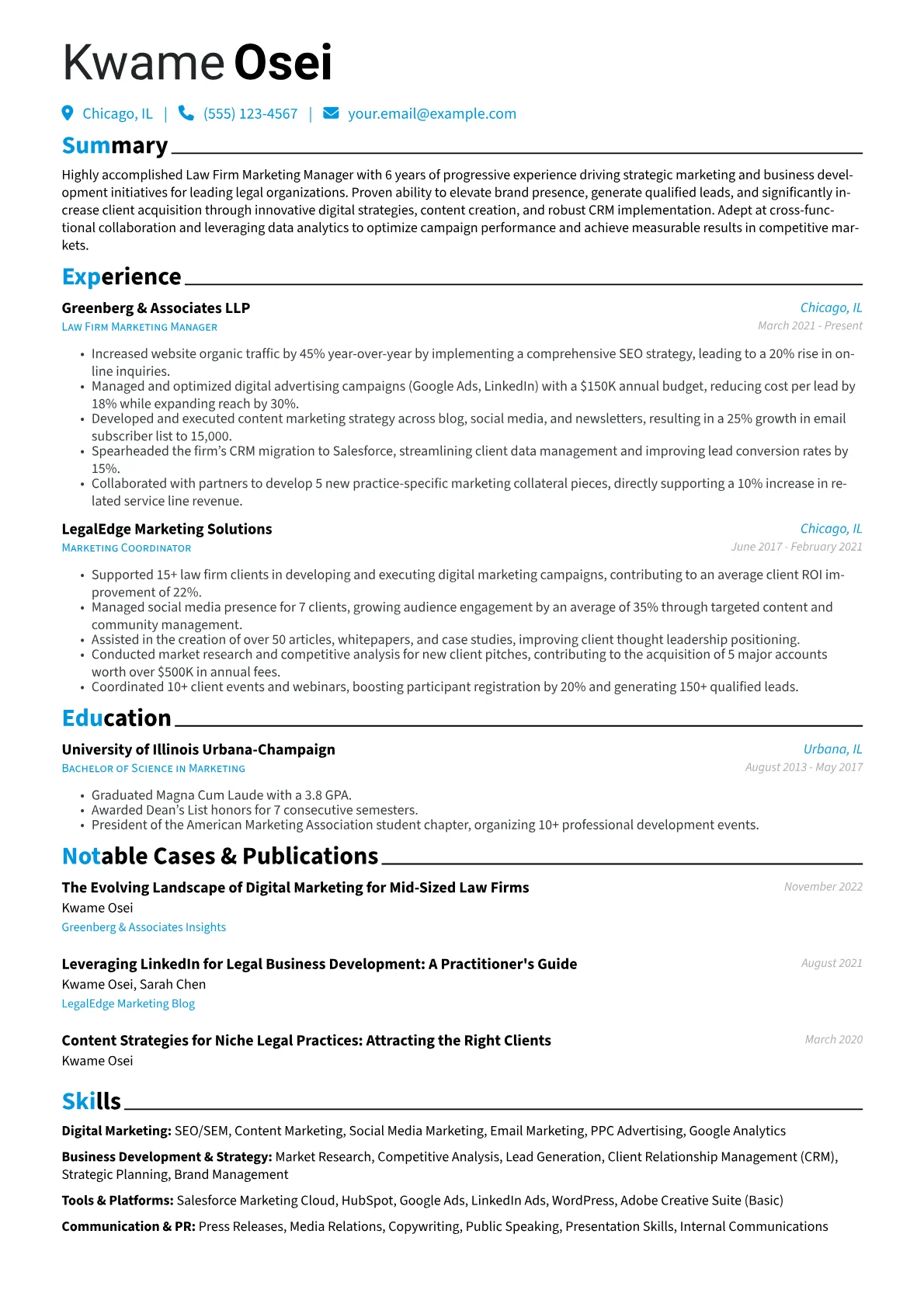 Law Firm Marketing Manager Resume Example CV template - Page 1