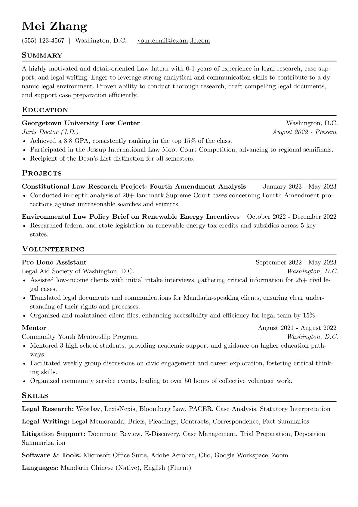 Law Intern Resume Example CV template - Page 1