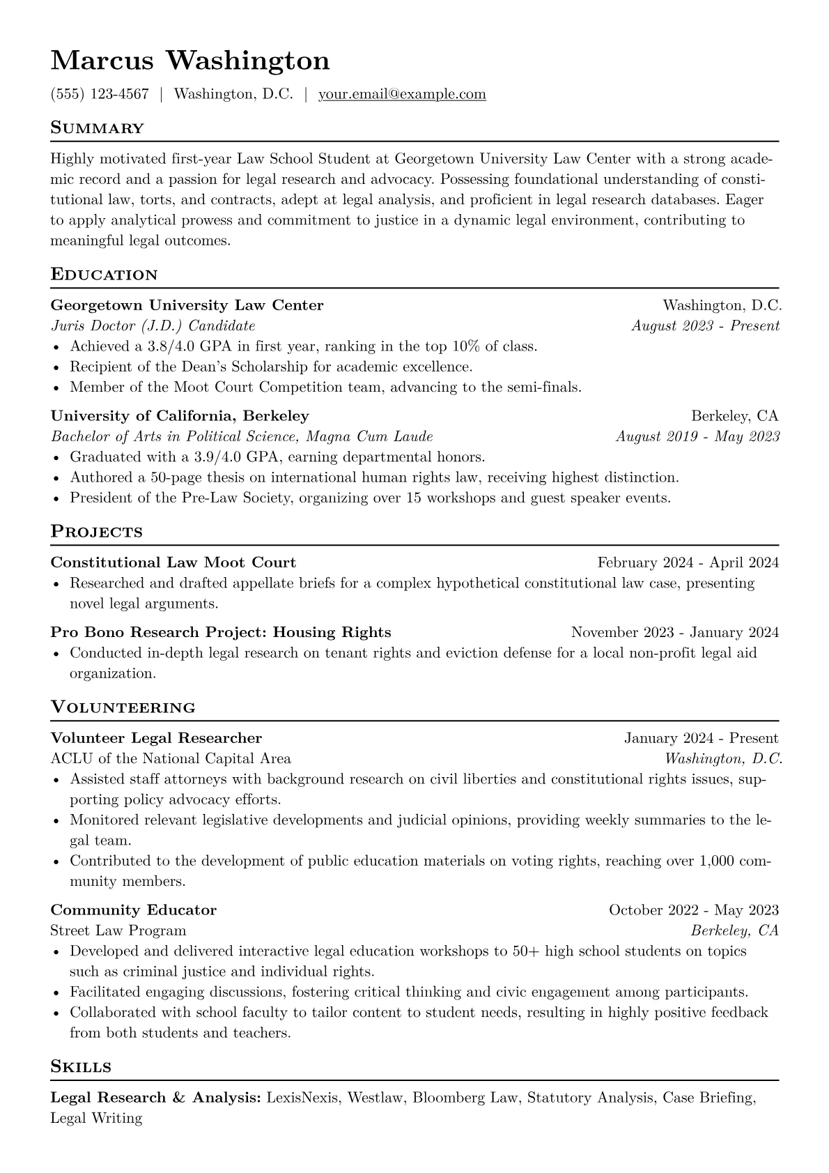 Law School Student Resume Example CV template - Page 1