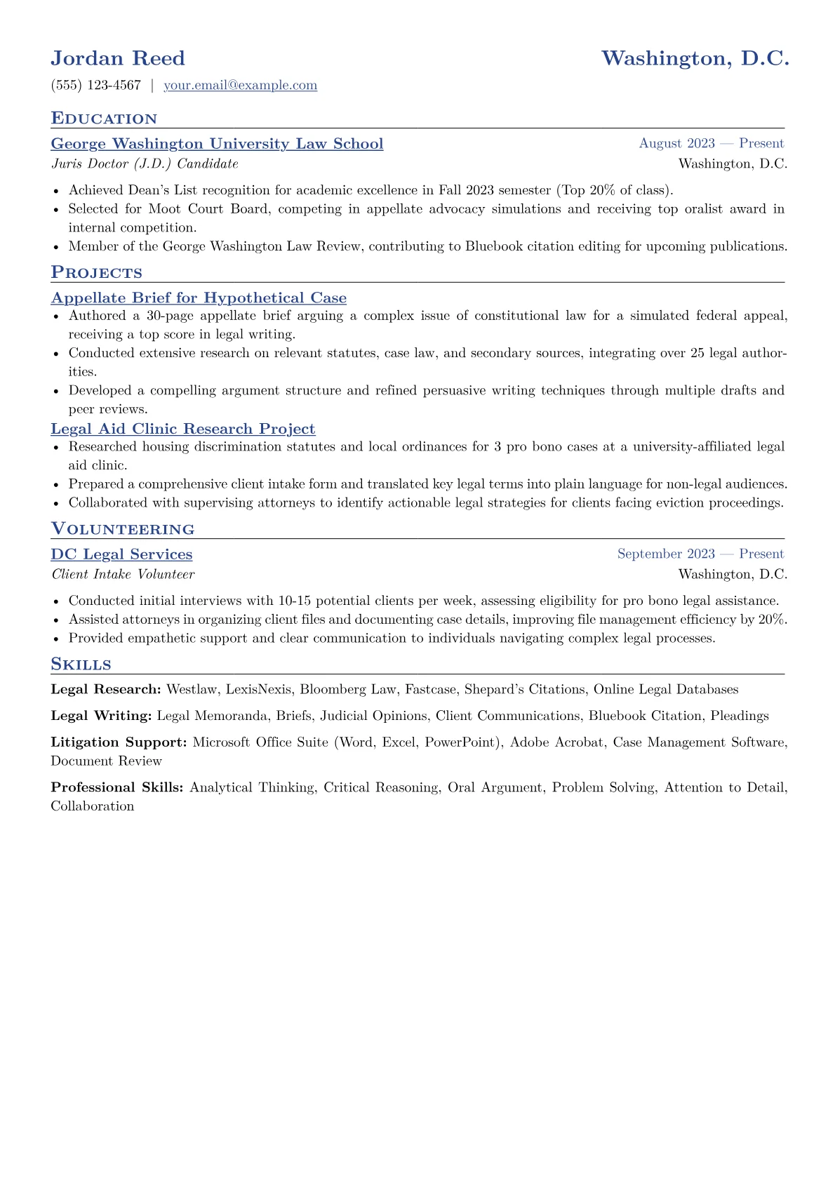 Law Student Resume Example CV template - Page 1