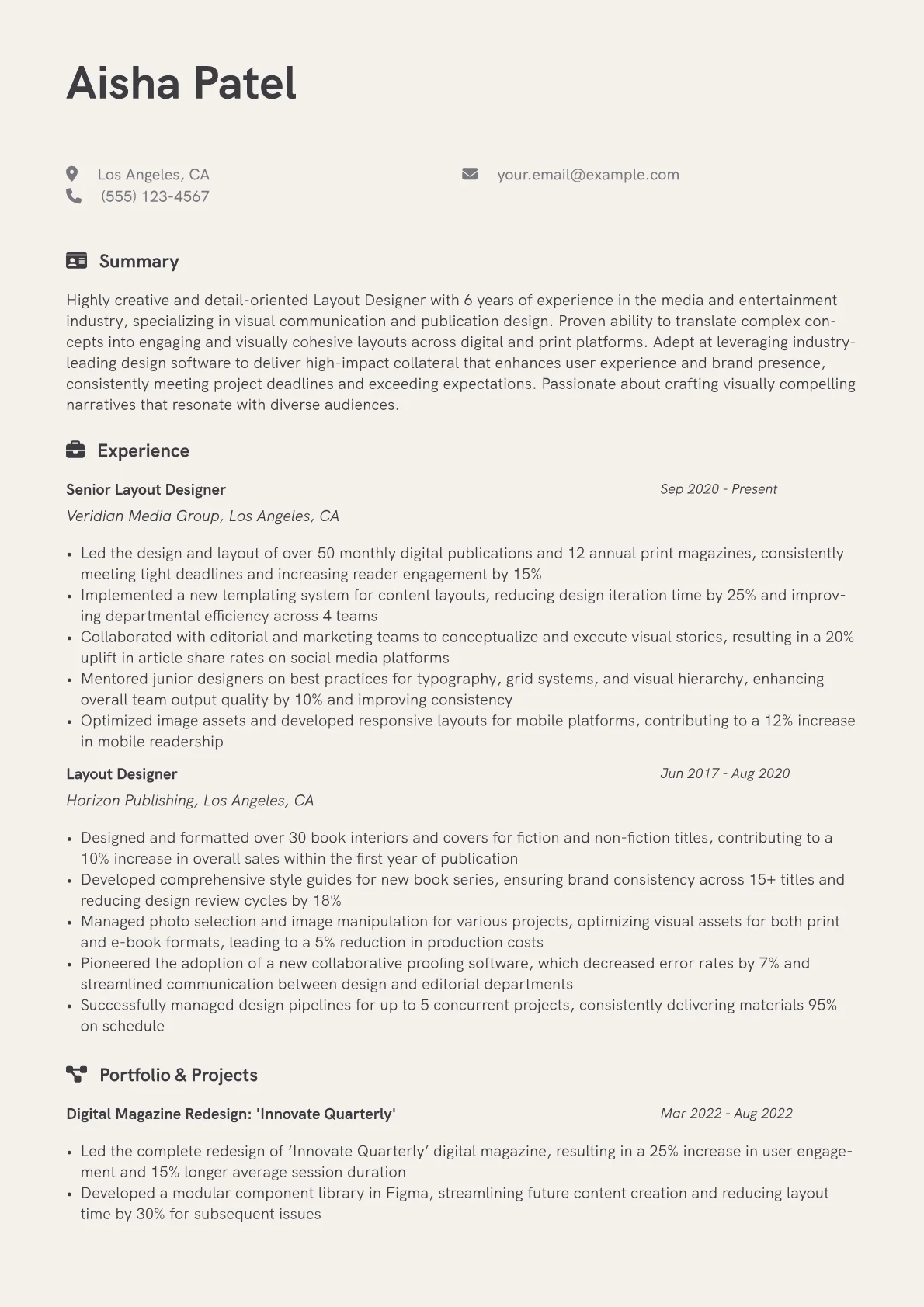 Layout Designer Resume Example CV template - Page 1