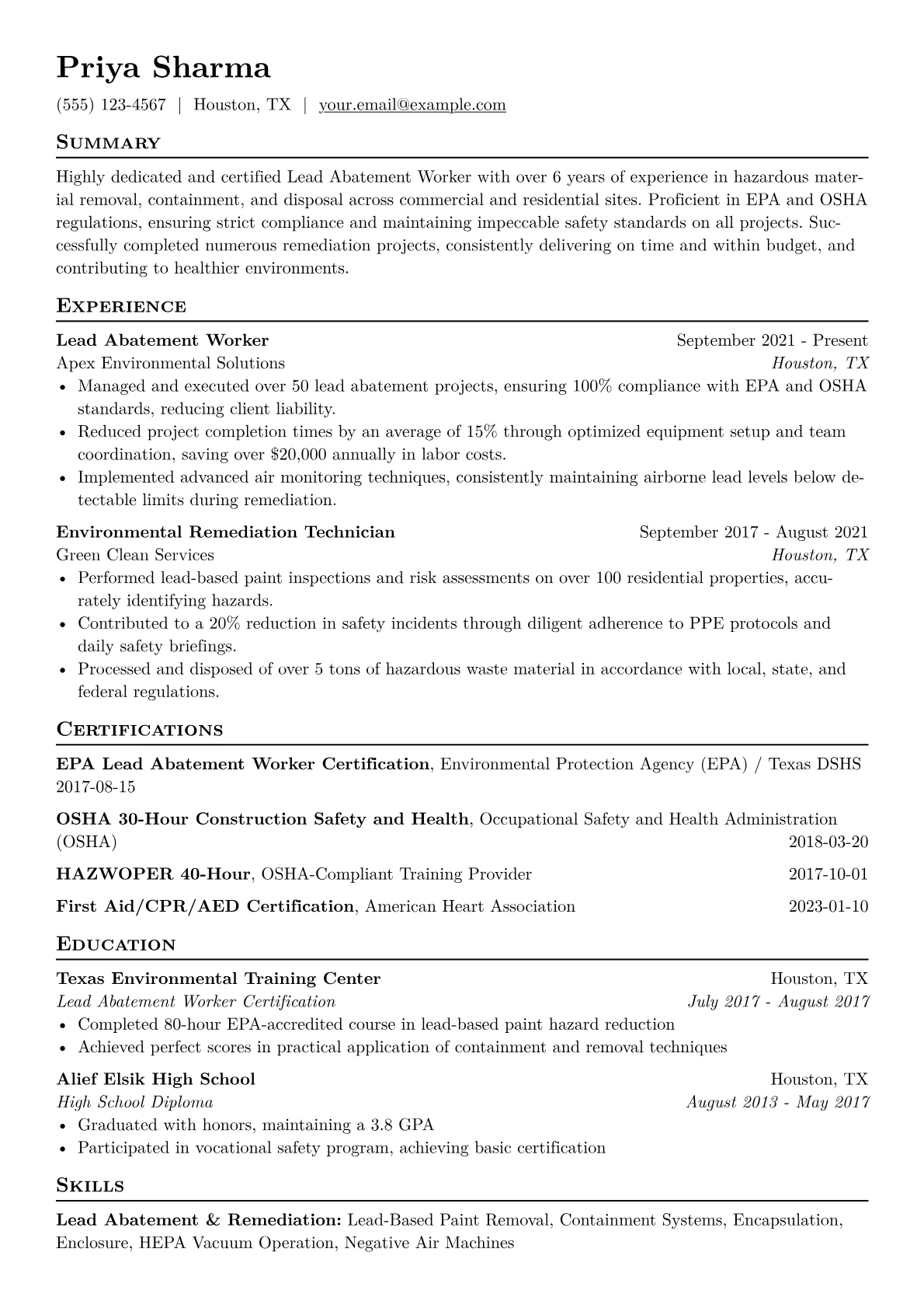 Lead Abatement Worker Resume Example CV template - Page 1