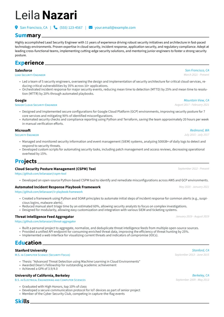 Lead Security Engineer Resume Example CV template preview