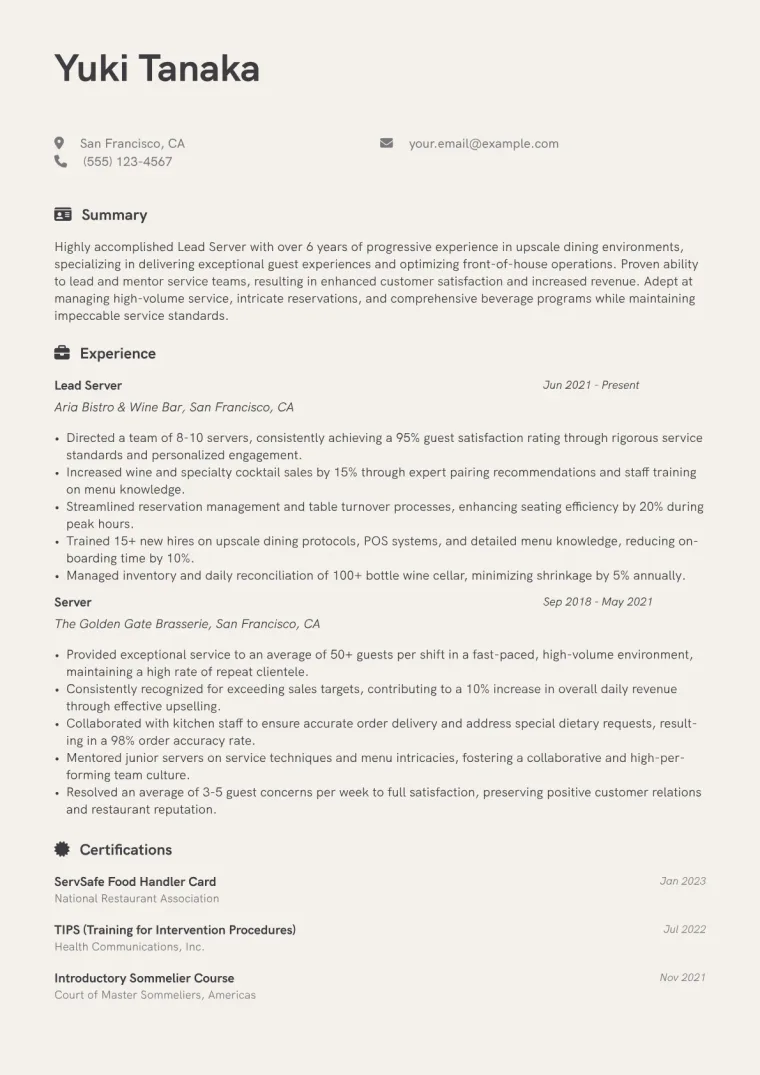 Lead Server Resume Example CV template preview