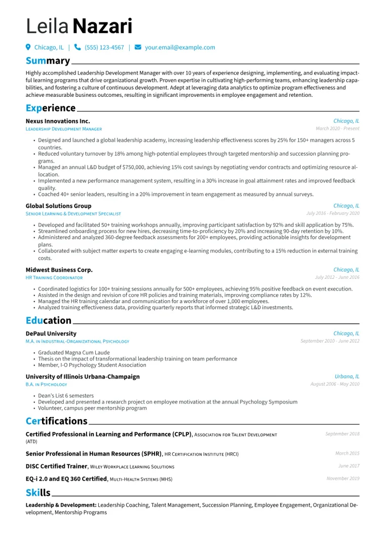 Leadership Development Manager Resume Example CV template preview