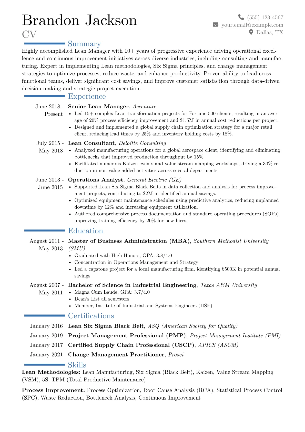 Lean Manager Resume Example CV template - Page 1
