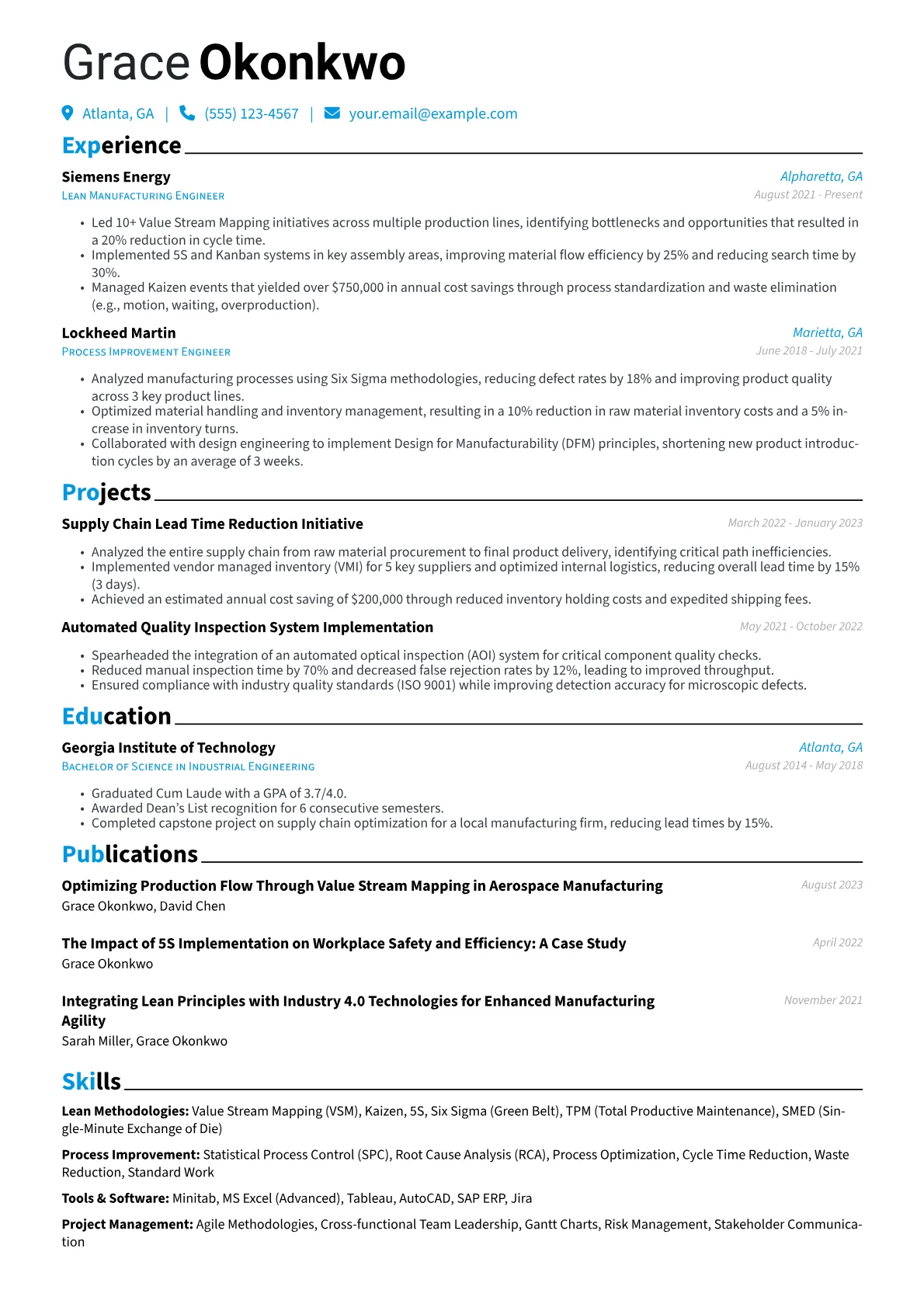 Lean Manufacturing Engineer Resume Example CV template - Page 1