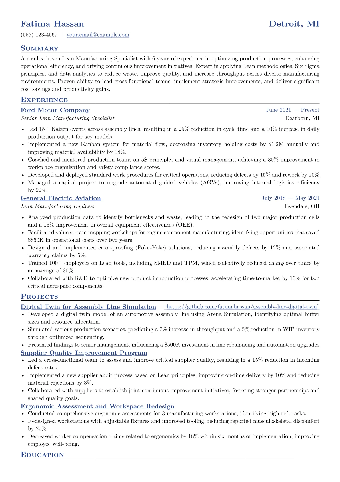 Lean Manufacturing Specialist Resume Example CV template - Page 1