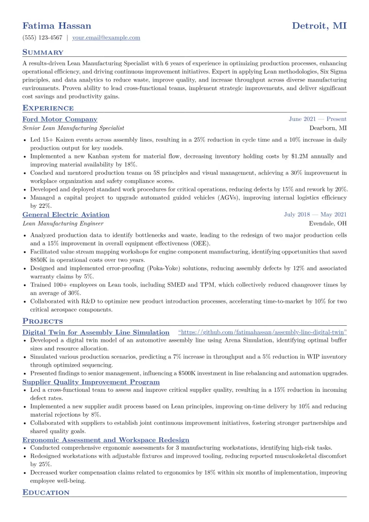 Lean Manufacturing Specialist Resume Example CV template preview