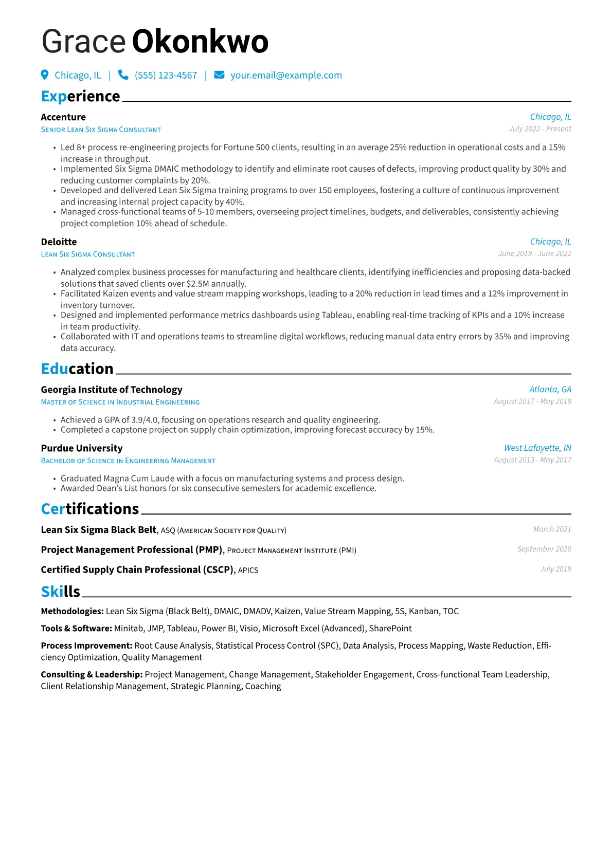 Lean Six Sigma Consultant Resume Example CV template - Page 1