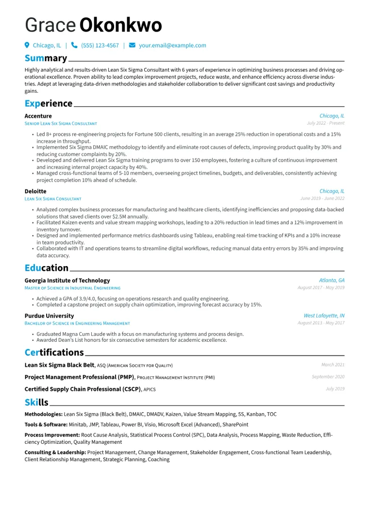 Lean Six Sigma Consultant Resume Example CV template preview