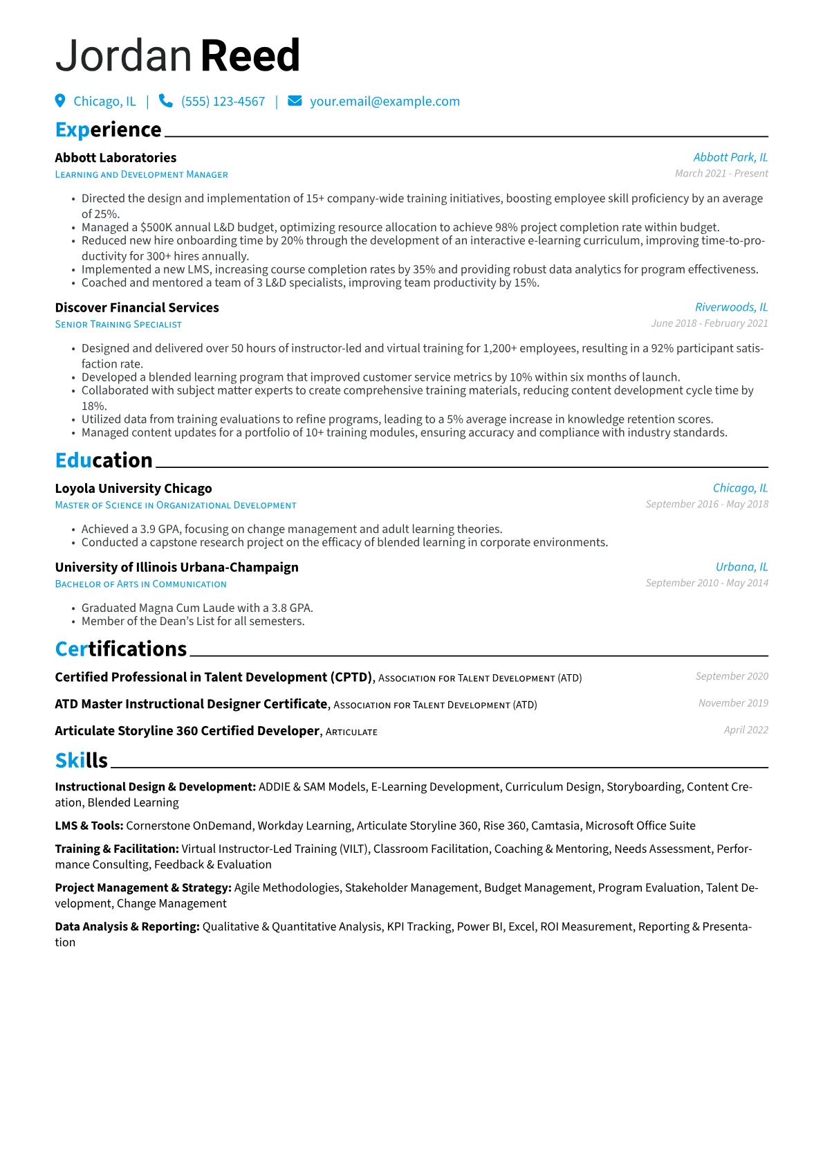 Learning and Development Manager Resume Example CV template - Page 1
