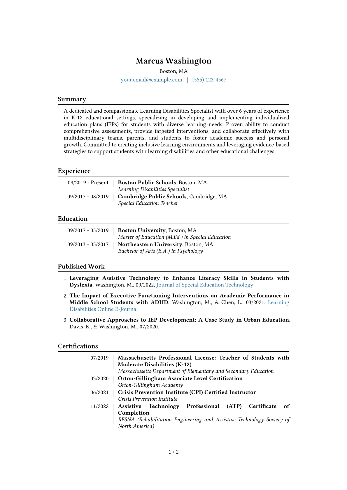 Learning Disabilities Specialist Resume Example CV template - Page 1