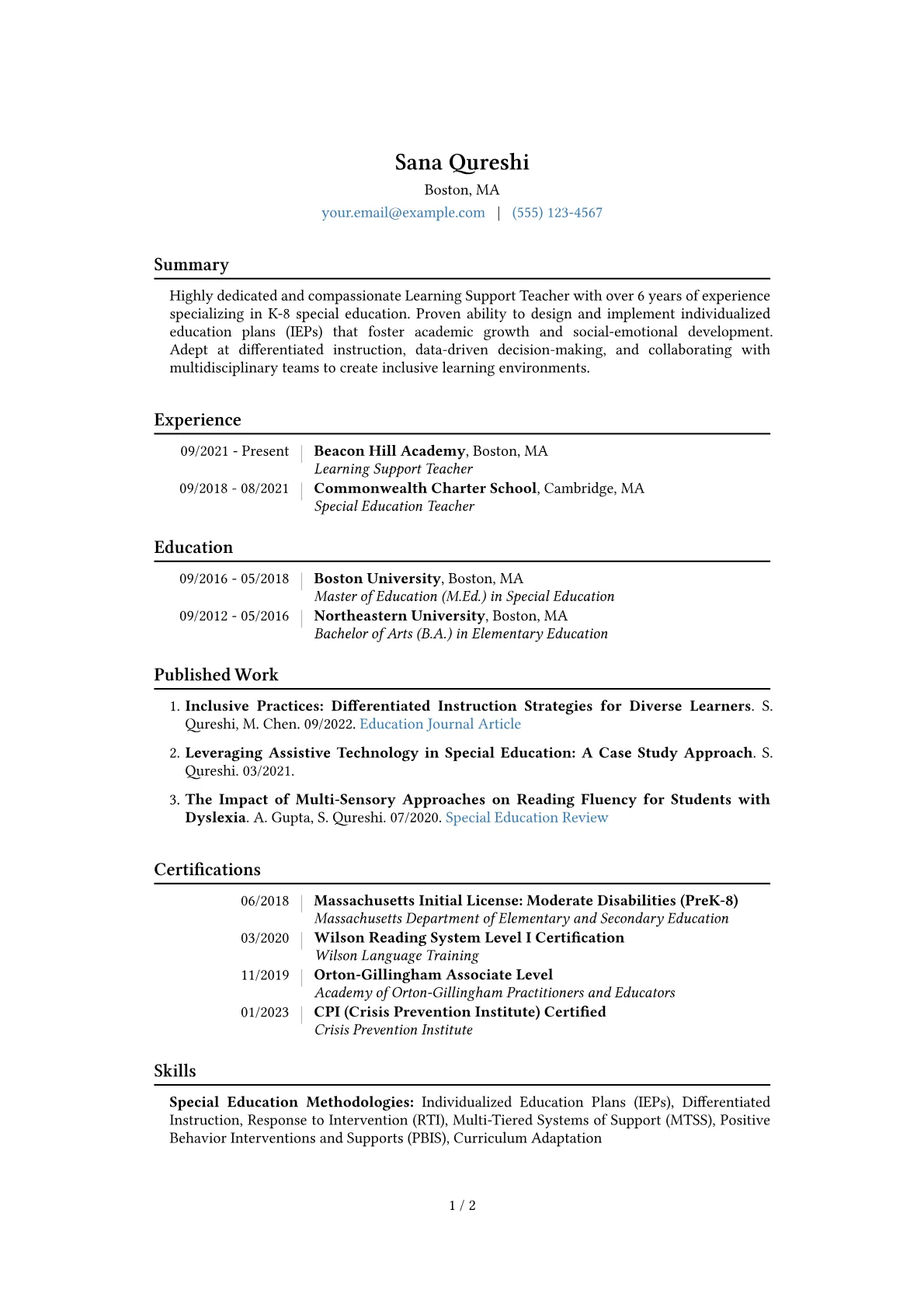 Learning Support Teacher Resume Example CV template - Page 1