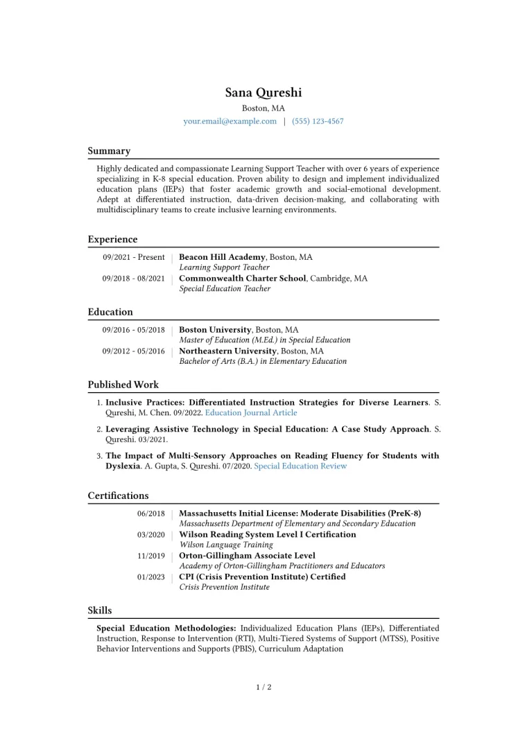 Learning Support Teacher Resume Example CV template preview