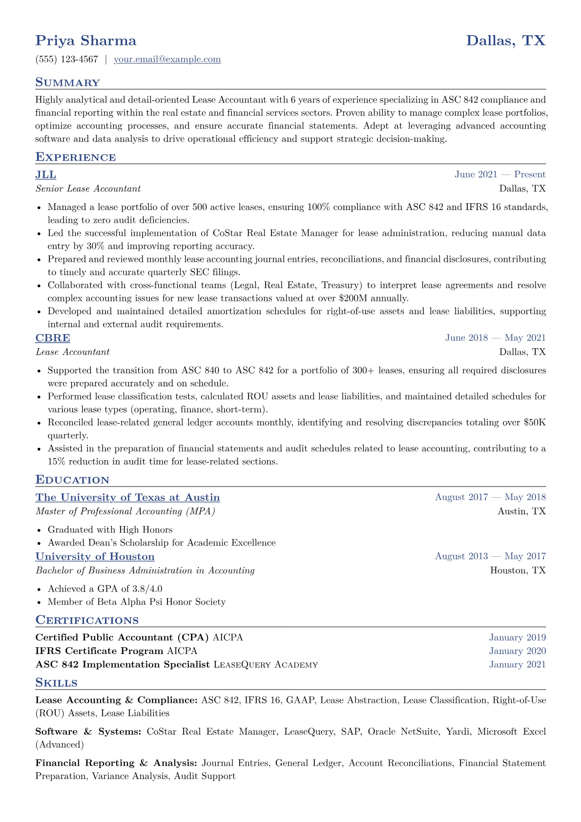 Lease Accountant Resume Example CV template - Page 1