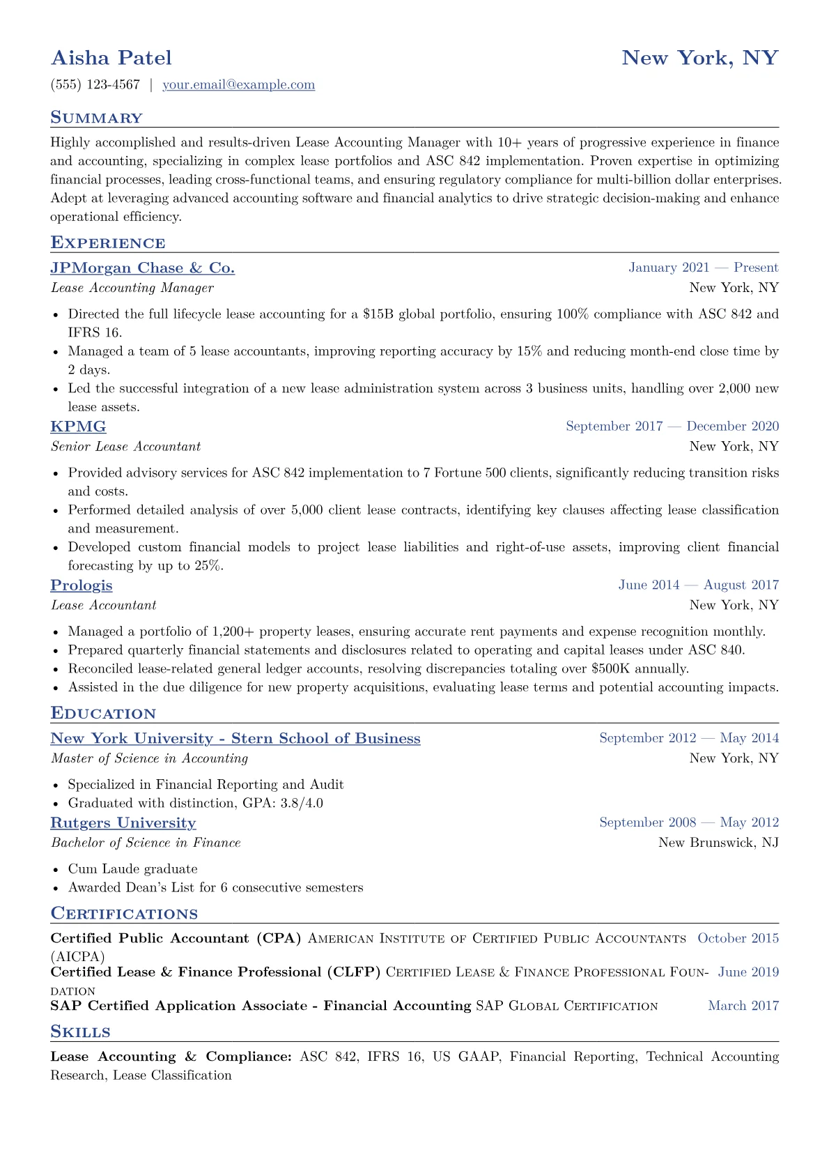 Lease Accounting Manager Resume Example CV template - Page 1