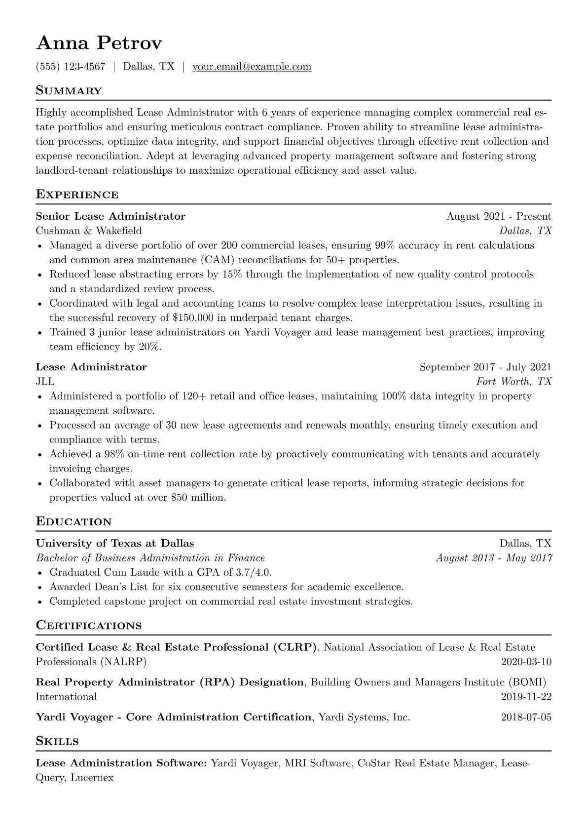 Lease Administrator Resume Example CV template - Page 1