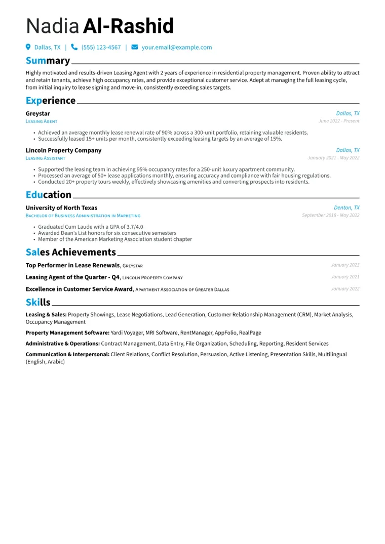 Leasing Agent Resume Example CV template preview