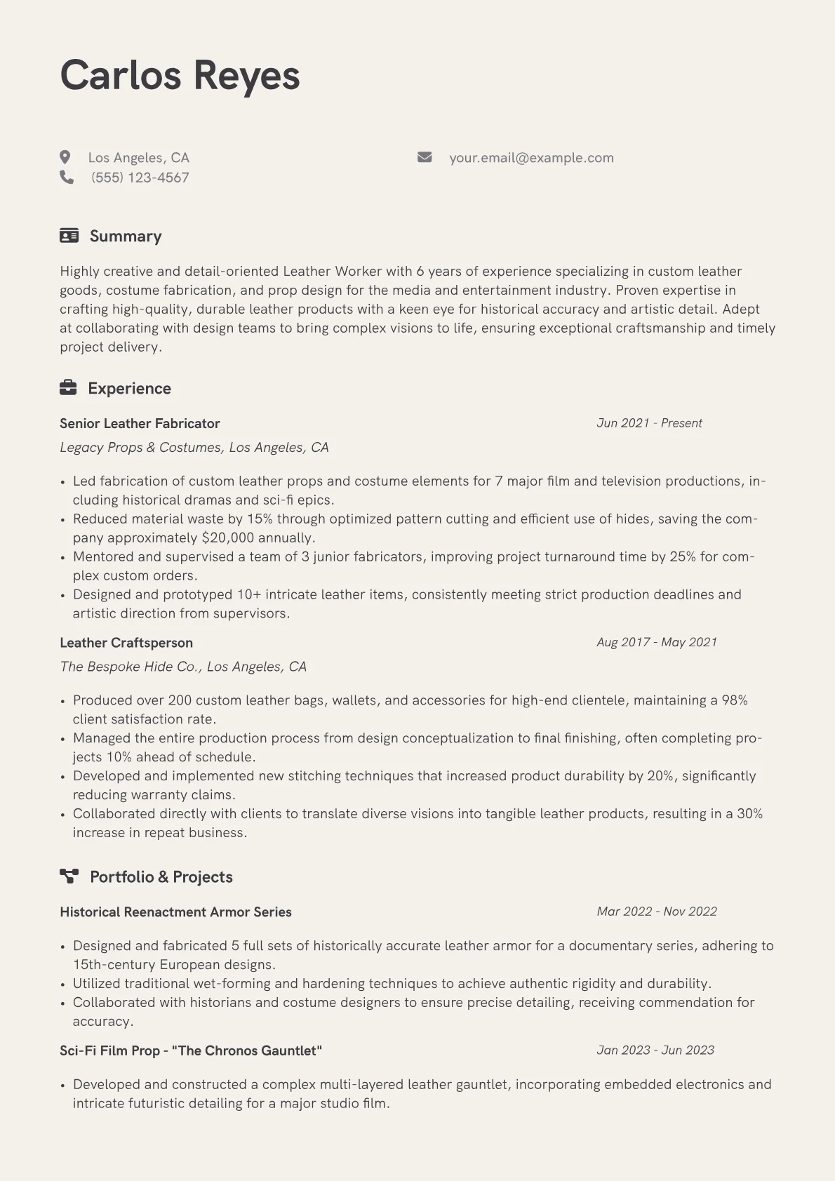 Leather Worker Resume Example CV template - Page 1