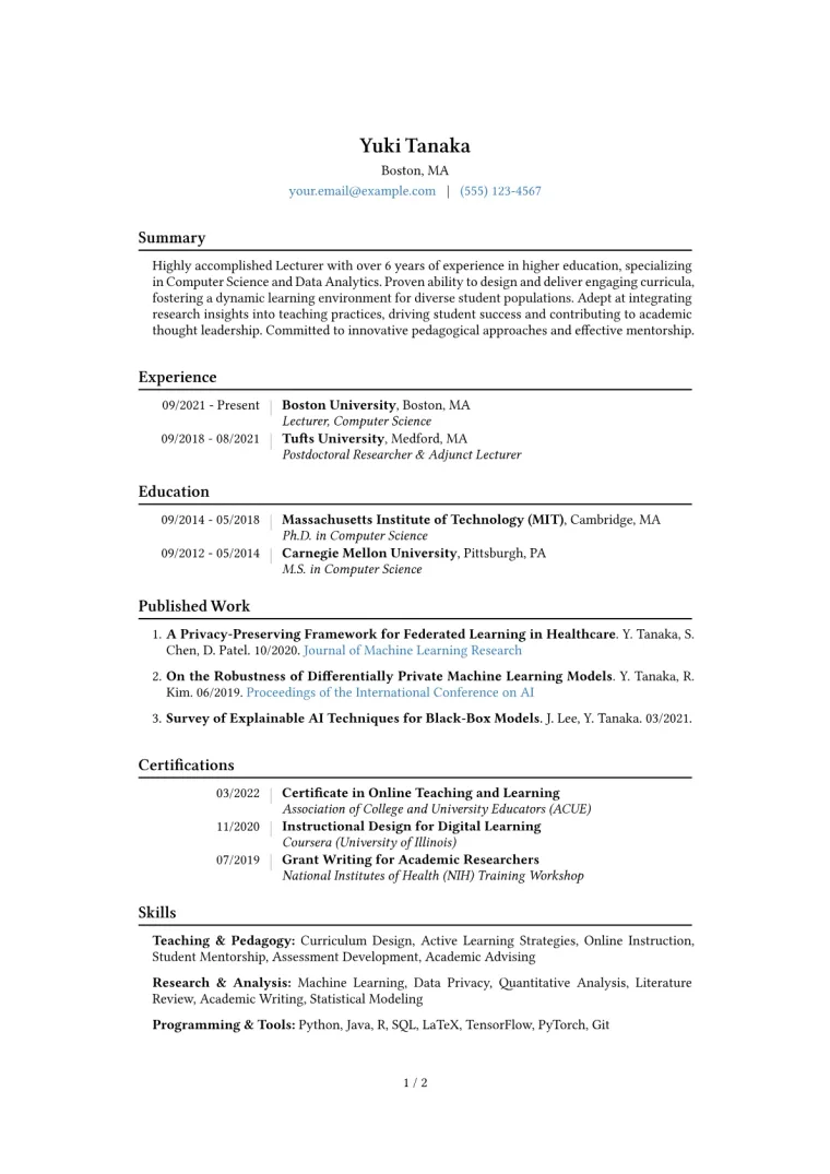 Lecturer Resume Example CV template preview