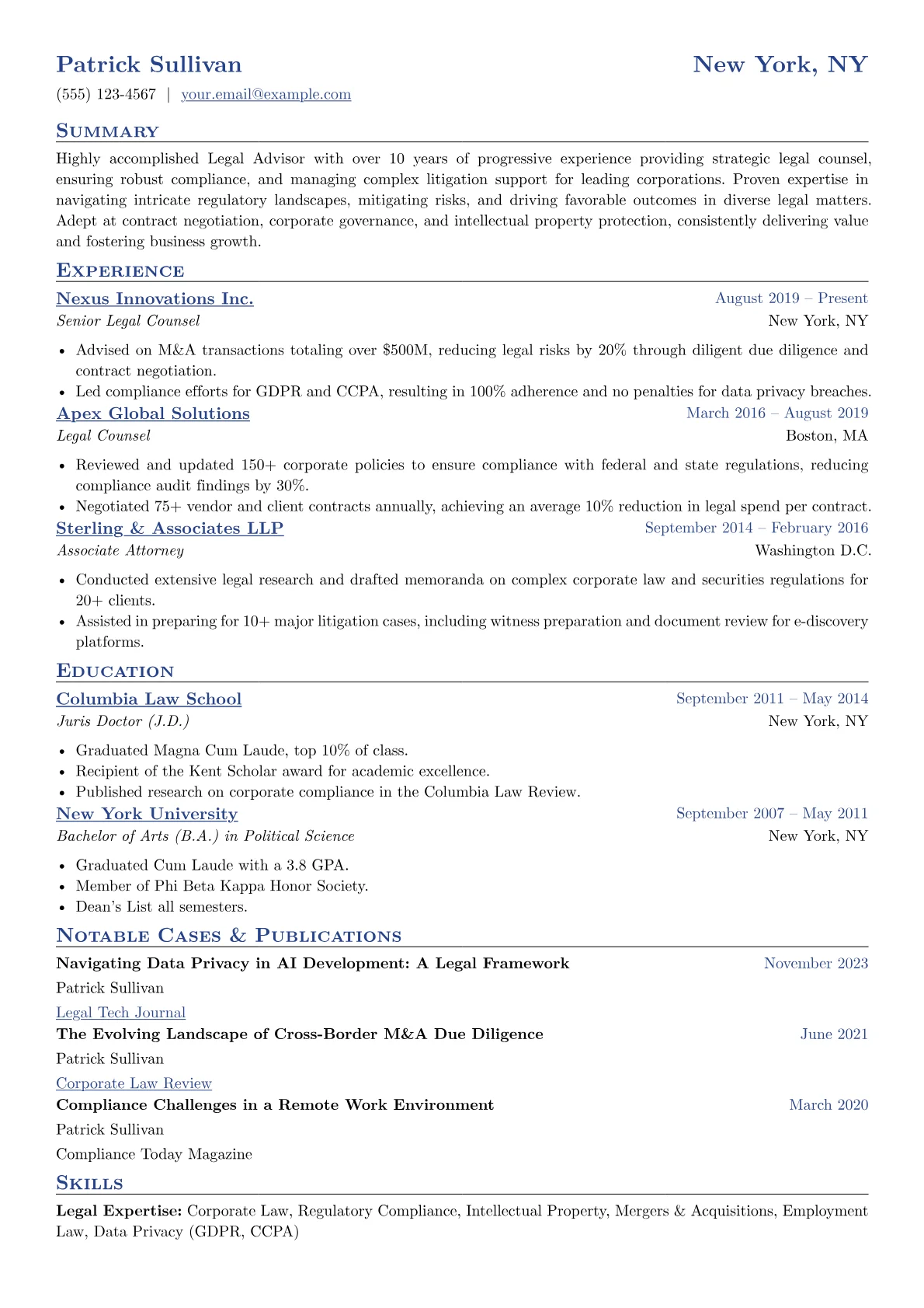 Legal Advisor Resume Example CV template - Page 1