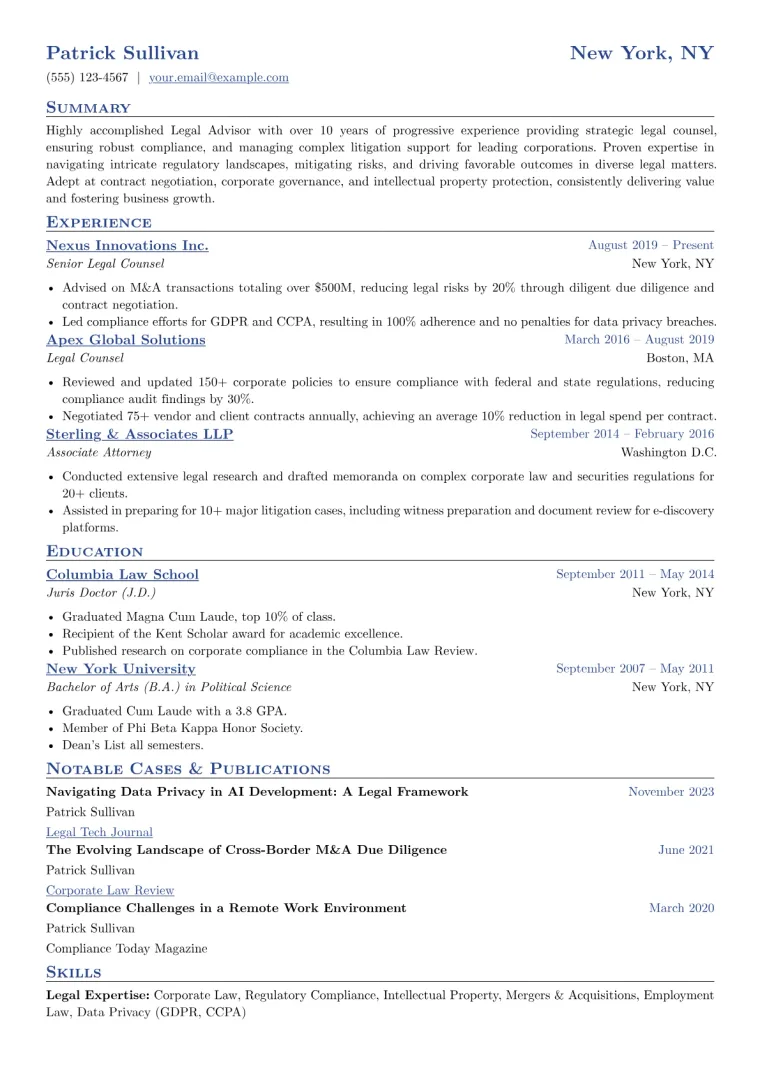 Legal Advisor Resume Example CV template preview