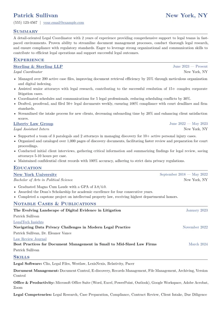 Legal Coordinator Resume Example CV template preview