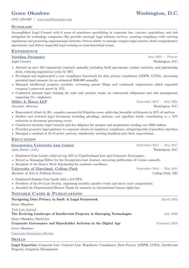 Legal Counsel Resume Example CV template preview