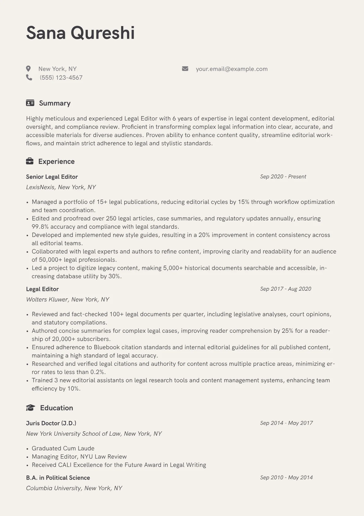 Legal Editor Resume Example CV template - Page 1